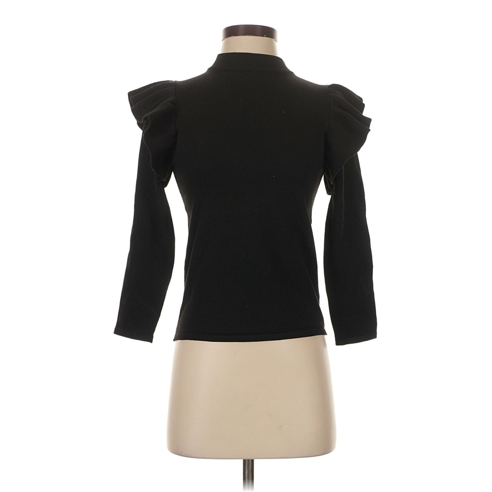 Pomander Place Knit Top Women XS Black Ruffle Shoulder Mock Neck 3/4 Sleeve